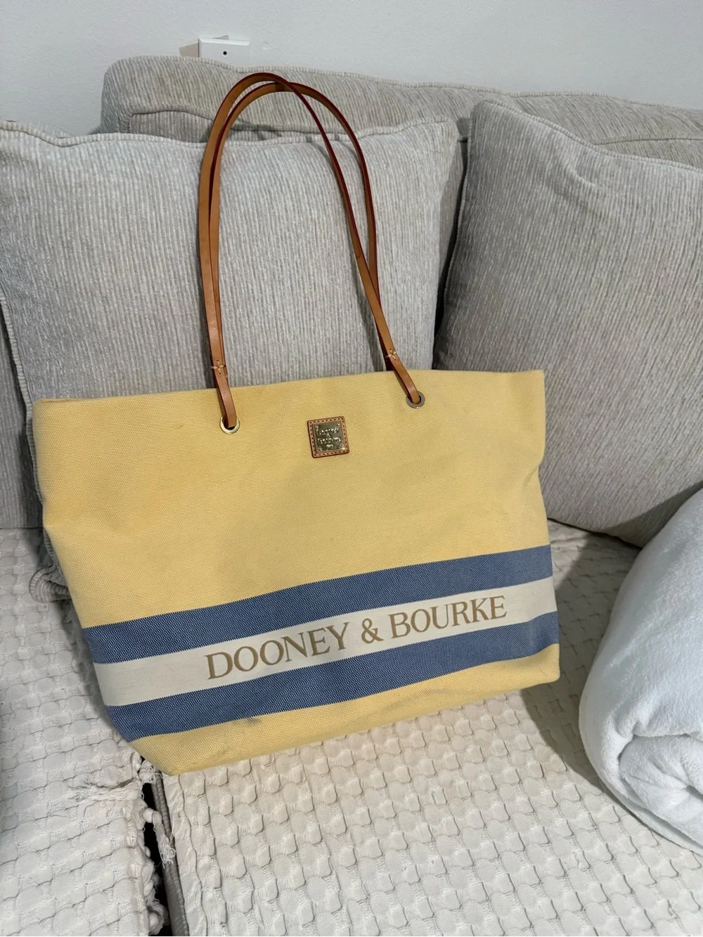 Dooney & Bourke Yellow Canvas Tote with Blue & Cream Stripes